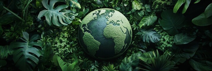 Lush Green Earth: A Symbol of Environmental Preservation - Green globe surrounded by lush tropical foliage, symbolizing environmental protection, sustainability, nature, growth, and global responsibil