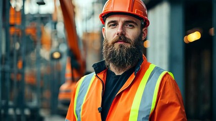 A bearded construction worker wearing a hard hat and orange safety gear stands confidently with arms crossed, ready for work, exuding preparedness and capability 4K Video
