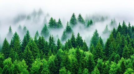 Fototapeta premium Misty forest landscape with tall pines and lush greenery