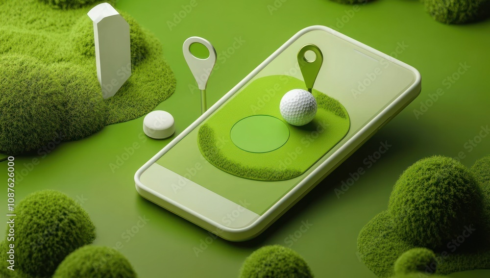 Poster A smartphone displaying a golf ball on a green course with landscape elements.