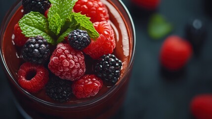 Assorted berries and mint leaves in a glass dessert bowl