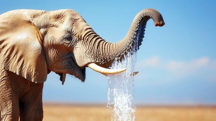 Fototapeta premium Elephant spraying water from trunk under clear blue sky
