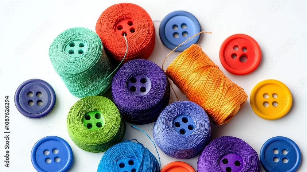 Poster colorful threads and buttons arranged on a white background