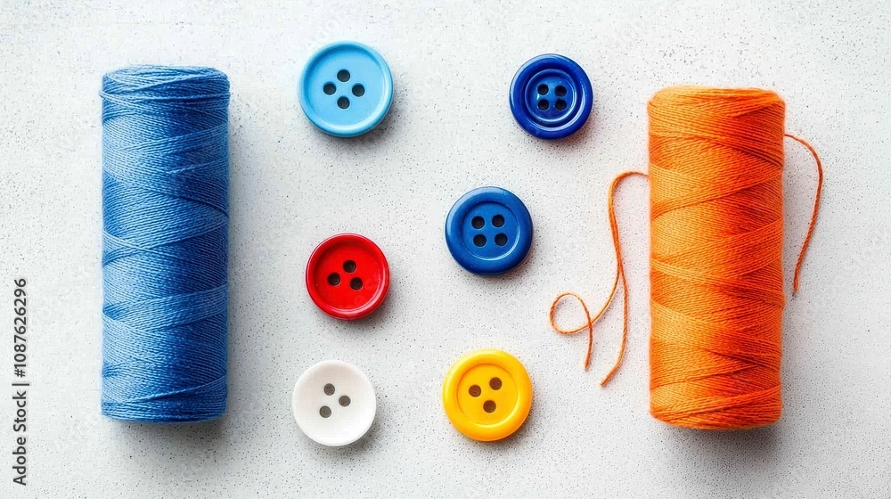 Poster colorful sewing materials with spools of thread and buttons arranged neatly
