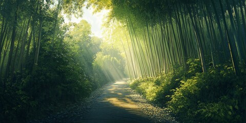 Naklejka premium Sunlight filtering through vibrant bamboo groves along a serene path creates a peaceful atmosphere, showcasing the beauty of nature among the fresh bamboo groves encountered on the way.
