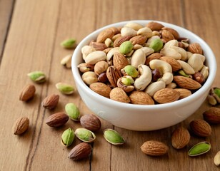 A bowl of mixed nuts, including almonds, walnuts, and pistachios, elegantly arrange
