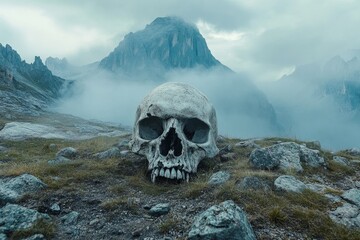 Majestic Skull in Misty Mountain Landscape - A large skull rests amidst a misty mountain range, symbolizing mortality, nature's power, mystery, solitude, and the passage of time.