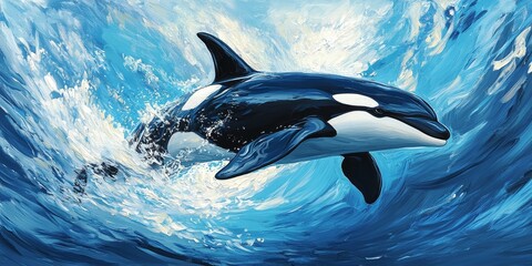 Fototapeta premium Killer whale Orcinus orca leaps gracefully from vibrant blue water, showcasing its impressive profile in motion, highlighting the beauty and power of the killer whale in its natural habitat.