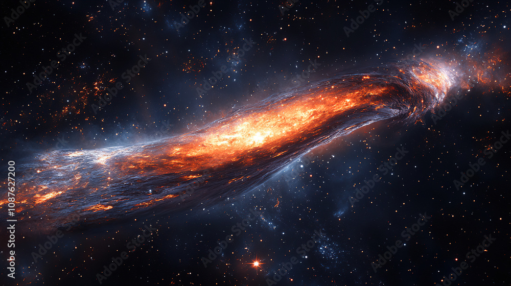 Poster A vibrant cosmic display showing a fiery galaxy swirling in the vastness of space, captivating viewers with its dynamic movement. Generative AI