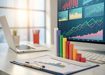 A modern desk setup featuring a laptop and a monitor displaying colorful graphs and charts, showcasing data analysis and productivity.