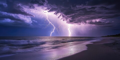Stunning lightning strikes illuminate the beach shoreline, creating a dramatic scene as the lightning strikes above the shore, showcasing nature s power and beauty in this captivating display.