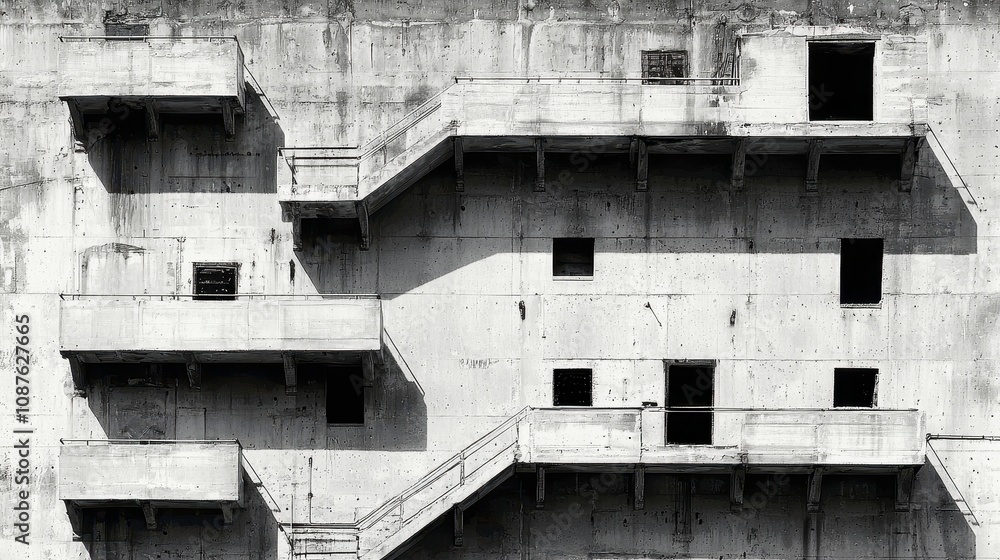 Poster abstract architecture with concrete stairs and shadows on building wall