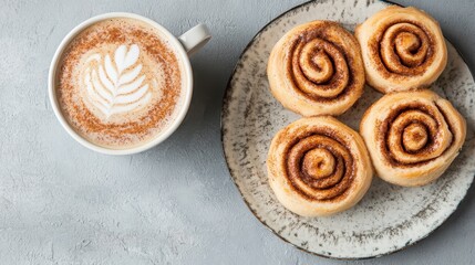 Fototapeta premium Coffee and Bakery Experience. Cozy Cafe Scene with Spiced Latte and Cinnamon Rolls