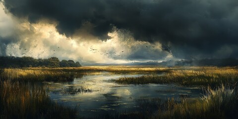 Fototapeta premium Dramatic landscape features a dark and stormy sky enveloping the wetlands, creating a captivating and moody scene that highlights the beauty of the landscape amidst the turbulent atmosphere.