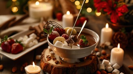 A decadent chocolate fondue spread with assorted dippables like strawberries, marshmallows