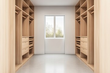 Fototapeta premium Conceptualize a closet with open shelving, empty compartments, and a polished concrete floor for an industrial feel