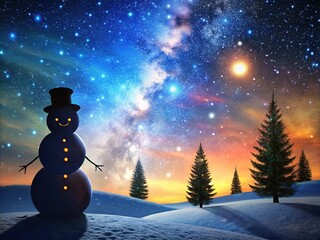 Obraz premium Snowman Silhouette Night Landscape, Winter Photography, Silhouette Art