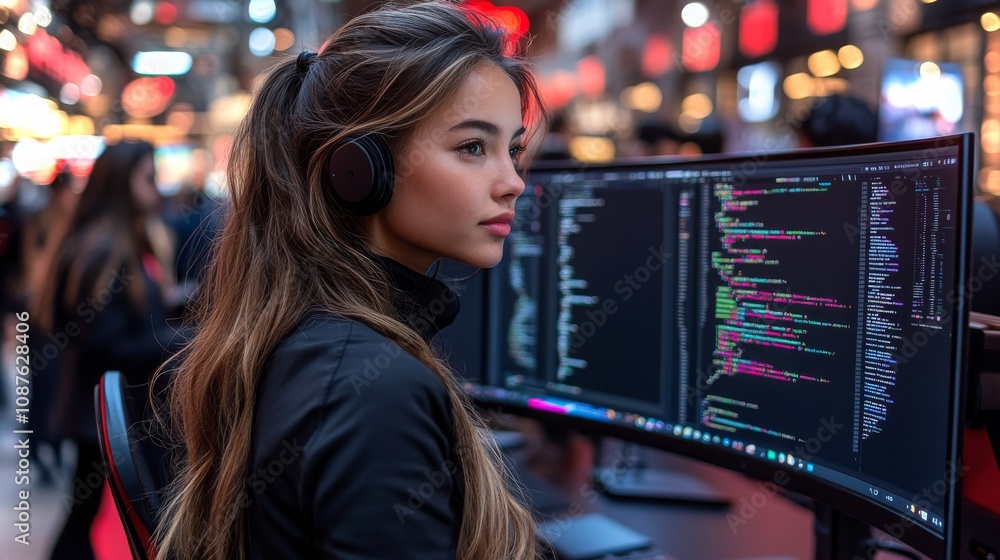 Poster a female coder working diligently in a relaxed office environment during a lively day