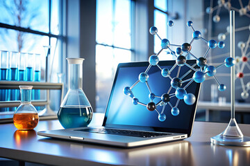 A laptop on a desk accompanied by laboratory beakers and a molecular structure, symbolizing the intersection of technology and science.