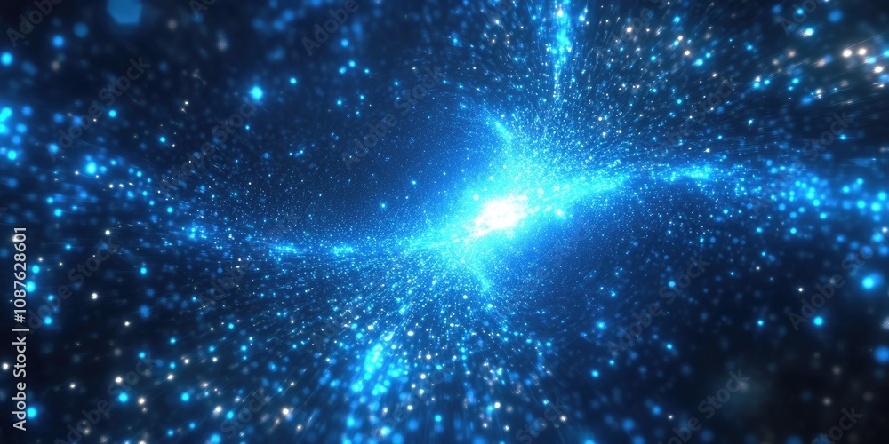 Poster abstract background featuring a blue glowing star system with vibrant trajectories and particles. th