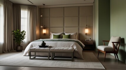 Here's a  and keyword list for your stock photo.. Serene bedroom with beige walls, green accents, and a comfortable bed.