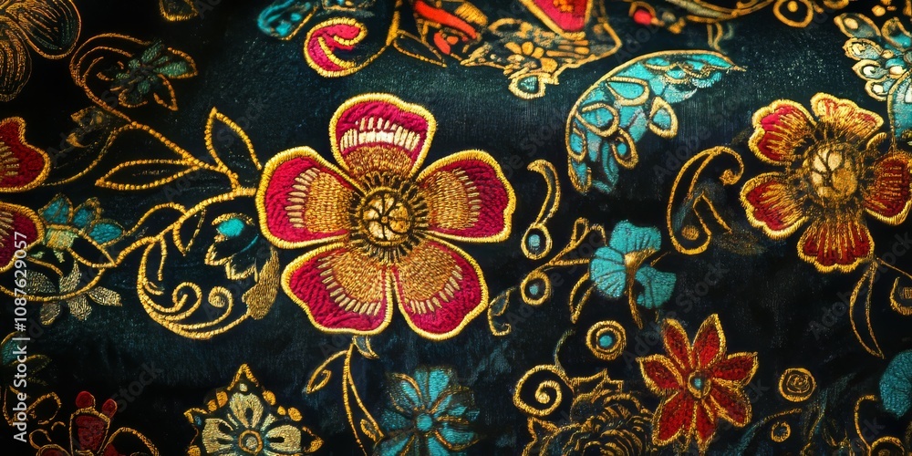 Poster pattern on fabric texture background showcasing intricate designs and vibrant colors, highlighting t