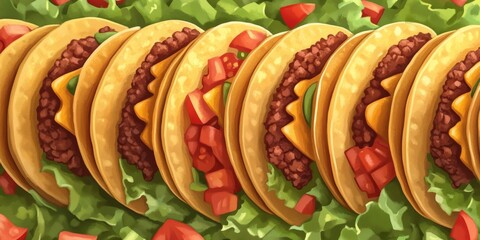 Delicious tacos featuring fresh lettuce, flavorful cheese, and ripe tomato create a perfect combination for taco lovers. Enjoy these tasty tacos packed with vibrant ingredients.