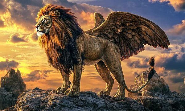 A majestic lion with wings stands on a rocky outcrop against a dramatic sunset.