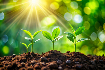 A vibrant image of young plants sprouting from rich soil, illuminated by sunlight, symbolizing growth, renewal, and the beauty of nature.