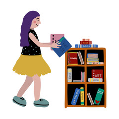 Girl holding books bookshelf vector artwork