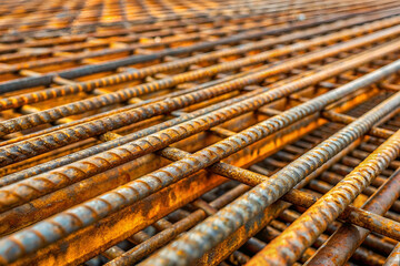 Close-up view of rusty steel rebar, showcasing intricate patterns and textures, highlighting industrial materials.