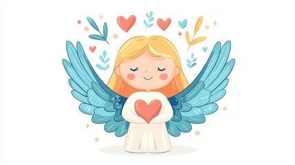 Fototapeta premium Cute angel illustration with heart and wings.
