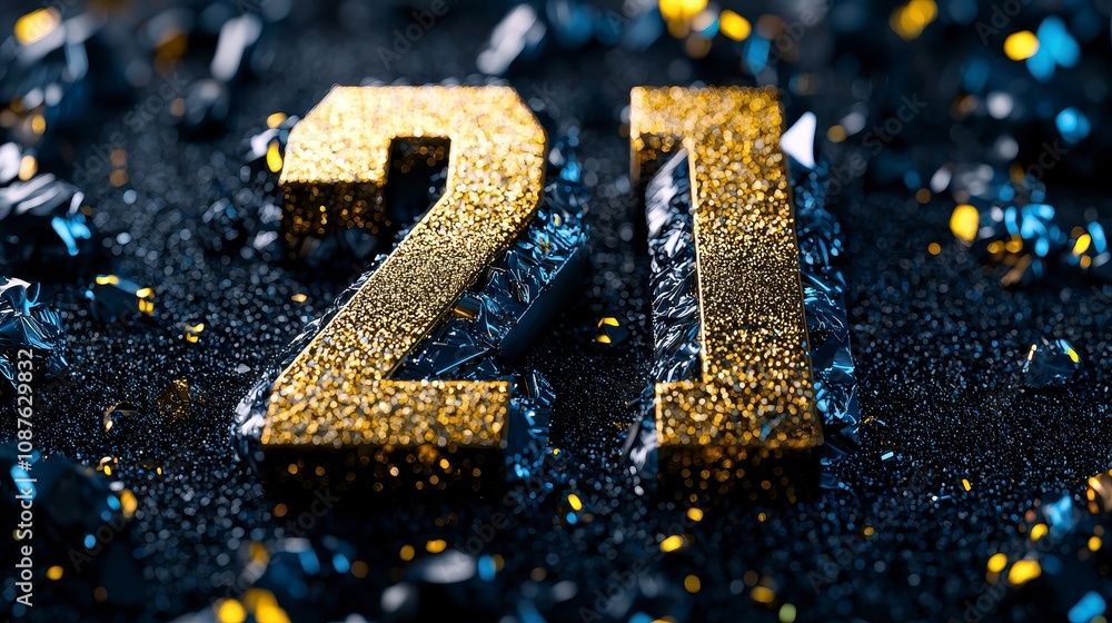 Poster shiny golden number 21 surrounded by sparkling textures and colors