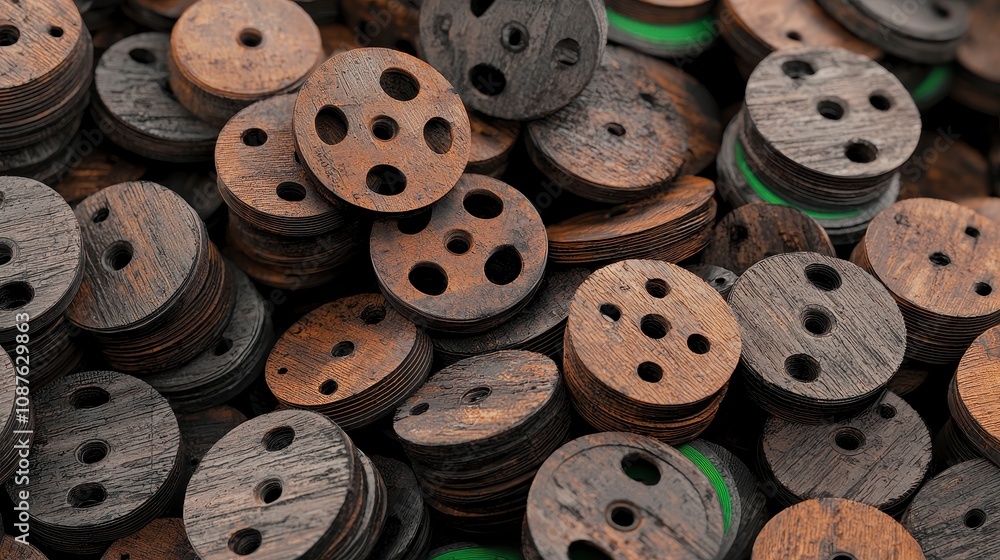 Poster a close-up view of various wooden buttons in multiple colors and textures