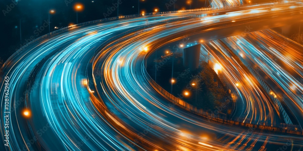 Poster blurry night lights create an abstract background, capturing the essence of a highway interchange in