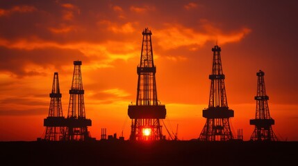 Obraz premium Smart Energy Stock Solutions. Silhouetted Oil Rigs at Dynamic Sunset Scene