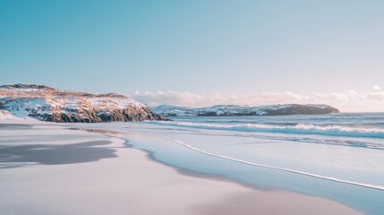 Winter Seascape SnowCovered Cliffs, Ocean Waves, Sandy Beach