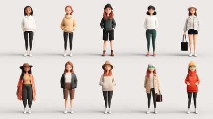 Obraz premium Illustration of ten diverse female characters in different casual outfits and accessories, showcasing modern and trendy styles against a neutral background.