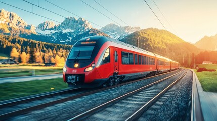 Fototapeta premium Scenic train journey through mountains at sunset