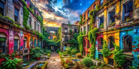 Fototapeta premium Urban Exploration Photography: Captivating Wallpaper for Desktop Backgrounds Featuring Abandoned Buildings, Urban Landscapes, and Vibrant Street Art in Vivid Colors and Unique Perspectives