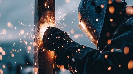 Sparks flying during metalworking with safety gear and protective helmet