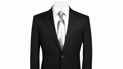 Suit tie boardroom display on mannequin style. Sharp black suit paired with a metallic silver tie on a mannequin, displayed for a corporate setting, pure white background
