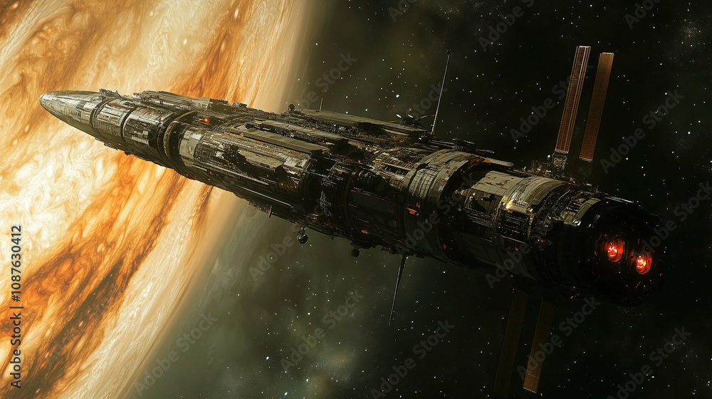 Poster Exploring a futuristic spaceship near a massive gas giant in distant space at twilight. Generative AI