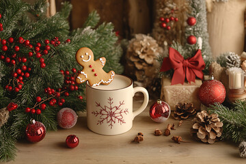 A festive Christmas-themed scene featuring a mug filled with milk and a cheerful gingerbread man leaning on the edge, surrounded by holiday decorations.