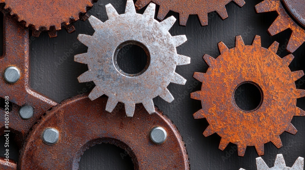 Poster close-up view of rusty metallic gears in varying sizes and colors