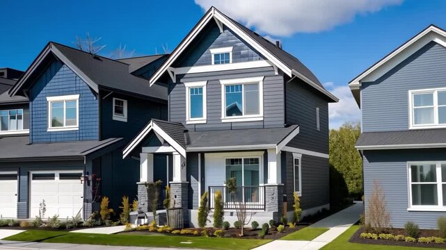 A row of modern two-story houses with blue siding, well-maintained lawns, and garages.