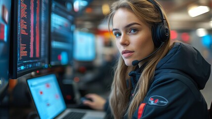 A woman analyzing server log data in a tech environment during nighttime hours