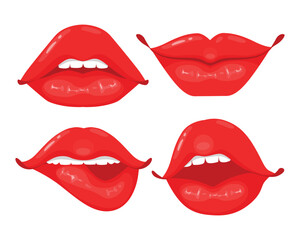 Set of beautiful red lips in cartoon style. Vector illustration of plump lips, with different facial expressions, white teeth, bitten lip, smiling isolated on white background. Sexy female lips.