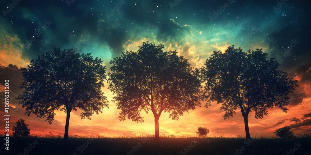 Poster silhouette of trees against a captivating sky background, creating a striking visual of nature s bea