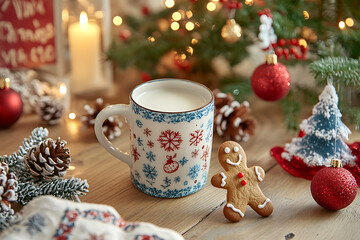 A festive Christmas-themed scene featuring a mug filled with milk and a cheerful gingerbread man leaning on the edge, surrounded by holiday decorations.